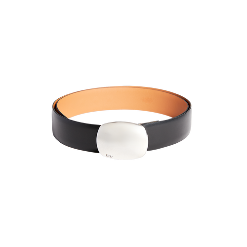 Black grained calfskin belt, "Pebble" buckle, 35mm width Black grained calfskin belt, "Pebble" buckle, 35mm width