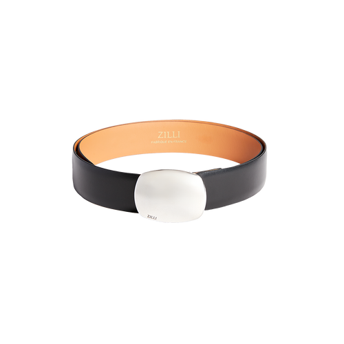 Black grained calfskin belt, "Pebble" buckle, 35mm width