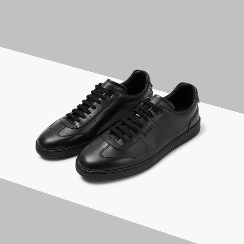 Black calfskin sneakers with crocodile details