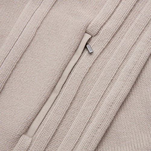 Mock neck zipped beige cardigan "Rhombus" jacquard weaving