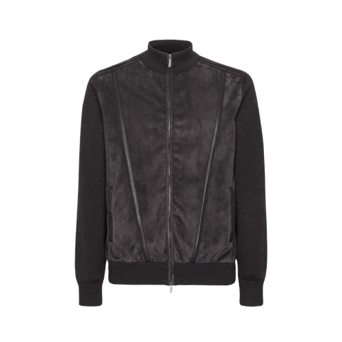 Cardigan zippé gris anthracite, détails en veau et peau d'agneau Cardigan zippé gris anthracite, détails en veau et peau d'agneau
