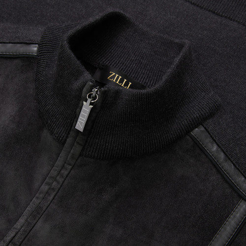 Anthracite grey zipped cardigan, calfsuede and lambskin détails