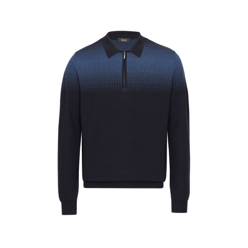 Dark blue and slate blue zipped polo-shirt bleu, « Shading » jacquard weave Dark blue and slate blue zipped polo-shirt bleu, « Shading » jacquard weave