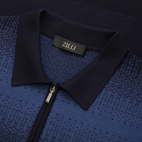 Dark blue and slate blue zipped polo-shirt bleu, « Shading » jacquard weave Dark blue and slate blue zipped polo-shirt bleu, « Shading » jacquard weave