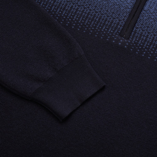 Dark blue and slate blue zipped polo-shirt bleu, « Shading » jacquard weave