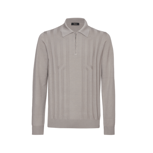 Blond fawn zipped polo-shirt, « Crossed Stripes » jacquard weave