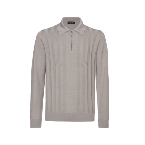 Blond fawn zipped polo-shirt, « Crossed Stripes » jacquard weave