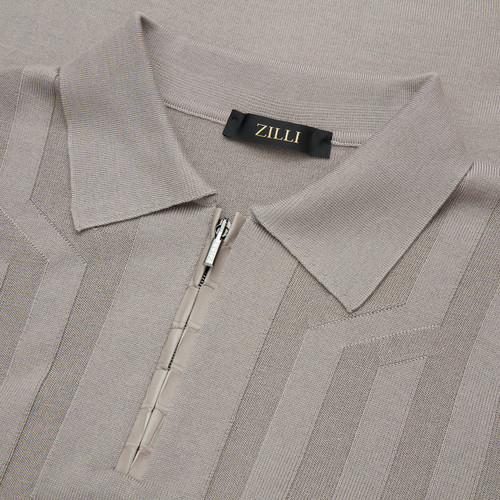 Blond fawn zipped polo-shirt, « Crossed Stripes » jacquard weave