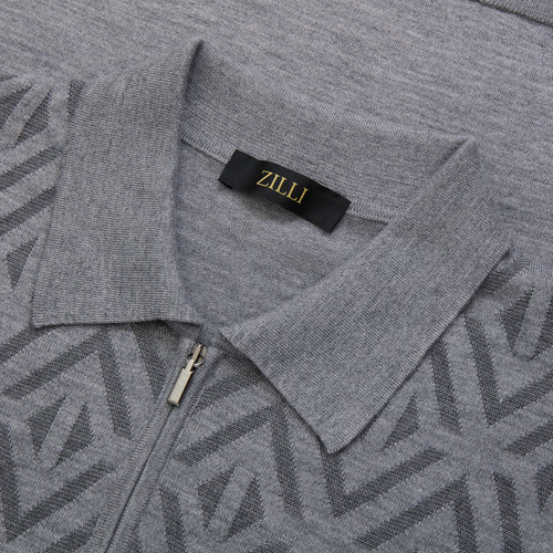 Light grey zipped polo-shirt, « Rhombus » jacquard weave