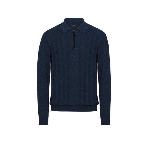 Dark navy zipped polo-shirt, « Crossed Stripes » jacquard weave