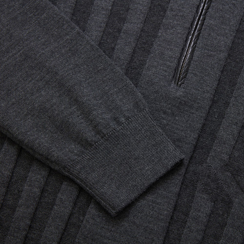 Dark grey zipped polo-shirt, « Crossed Stripes » jacquard weave
