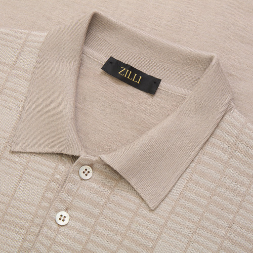 Blond fawn buttoned polo, jacquard "Squares" weave