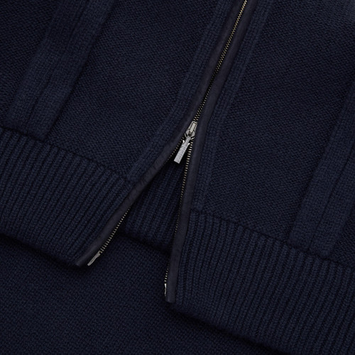 Mock neck zipped navy blue cardigan,  "Rhombus" jacquard weaving