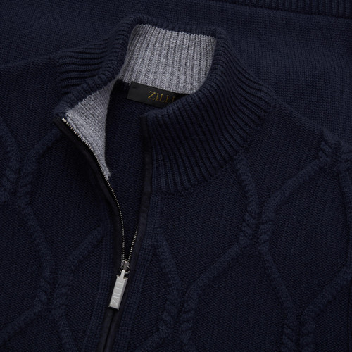 Mock neck zipped navy blue cardigan,  "Rhombus" jacquard weaving