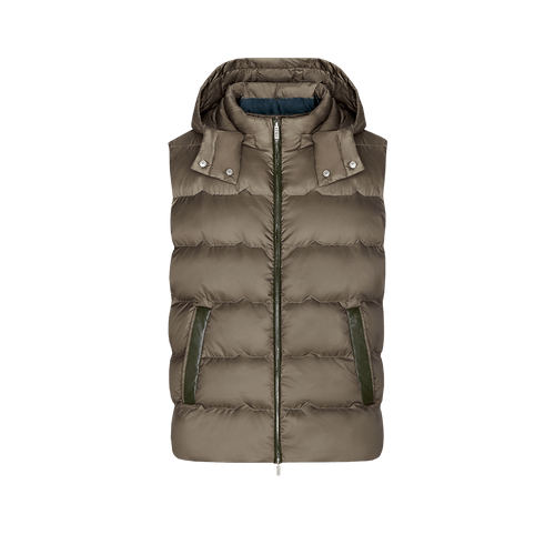 Kaki sleeveless padded coat, removable hood