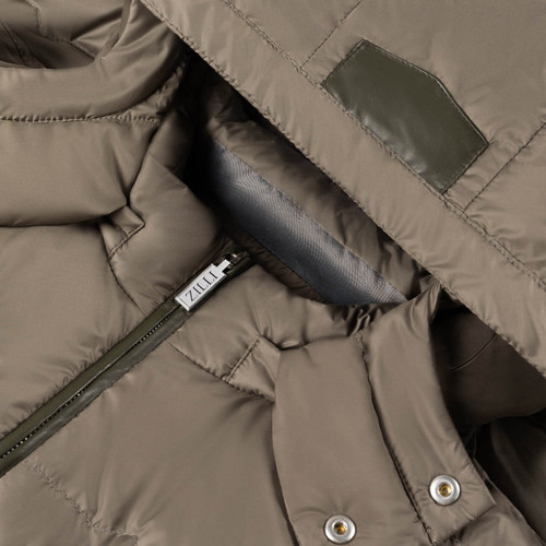 Kaki sleeveless padded coat, removable hood