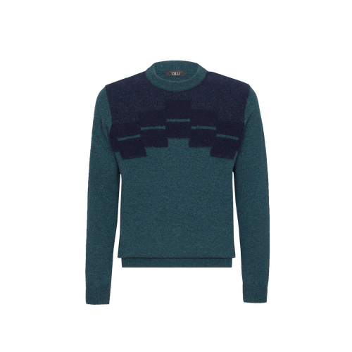 Sage green and blue rounded collar sweater, jacquard weave "Staggered square"