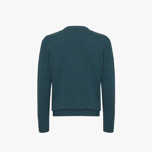 Sage green and blue rounded collar sweater, jacquard weave "Staggered square"