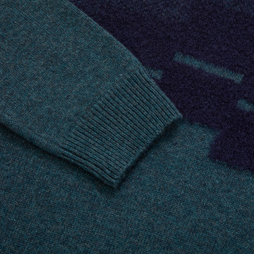 Sage green and blue rounded collar sweater, jacquard weave "Staggered square"