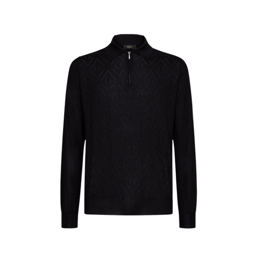 Black zipped polo-shirt, « Rhombus » jacquard weave