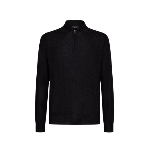 Black zipped polo-shirt, « Rhombus » jacquard weave