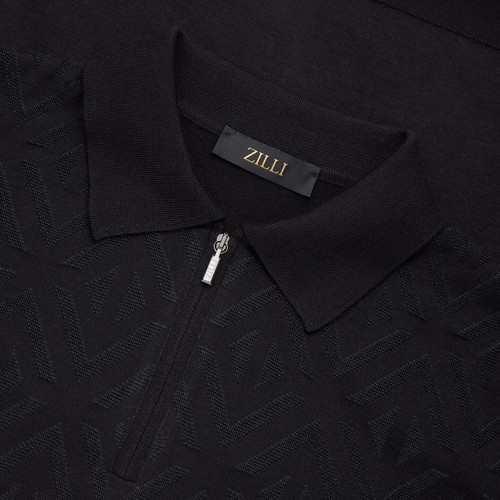 Black zipped polo-shirt, « Rhombus » jacquard weave