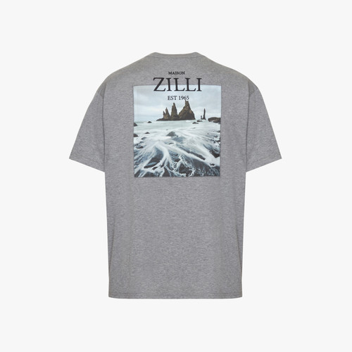 T-shirt gris, broderie "ZILLI Lettering", motif imprimé "Sculptural landscapes".