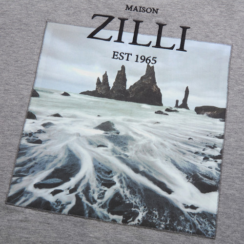 Grey T-shirt, embroidery "ZILLI Lettering", "Sculptural landscapes" printed pattern
