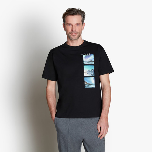 T-Shirt noir, broderie "ZILLI Lettering", motif imprimé "Northern lights".
