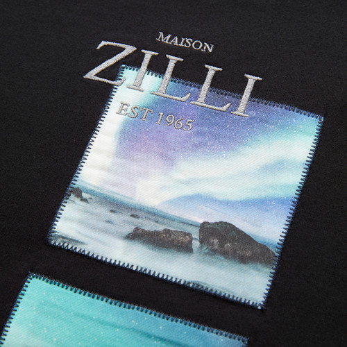 Black T-Shirt, embroidery "ZILLI Lettering", "Northern lights" printed pattern