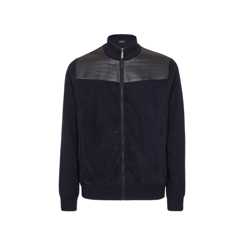Dark blue zipped cardigan, calfsuede and crocodile details, "Luxury"