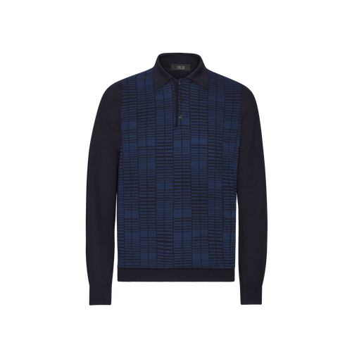 Dark Navy buttoned polo, jacquard "Squares" weave