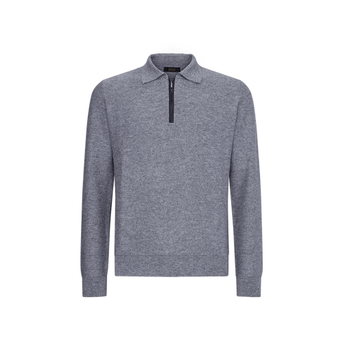 Light Charcoal zipped polo sweater, "Leather Trims"