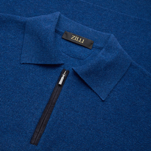 Blue zipped polo shirt, navy calfsuede piping