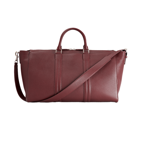 Sac de voyage zippé à bandoulière de couleur bourgogne, grand modèle "Travel Weekender".