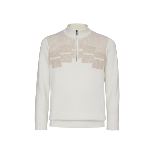 White zipped mock neck sweater, "Staggered Square"
