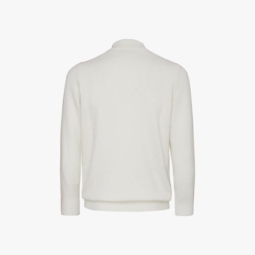 White zipped mock neck sweater, "Staggered Square"