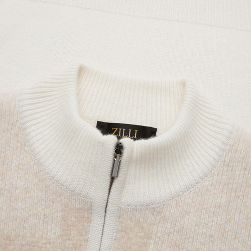 White zipped mock neck sweater, "Staggered Square"