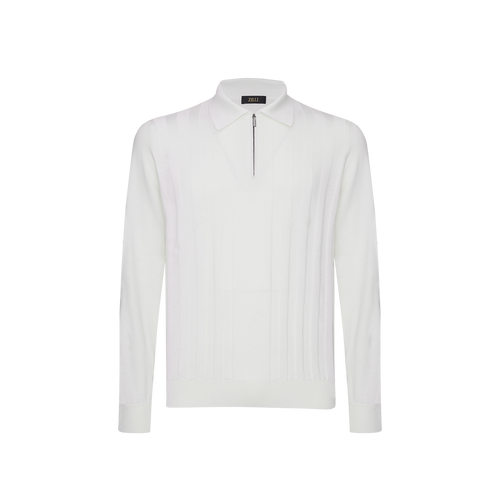 Ecru zipped polo, "Crossed stripes" weaving