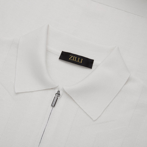 Ecru zipped polo, "Crossed stripes" weaving Ecru zipped polo, "Crossed stripes" weaving