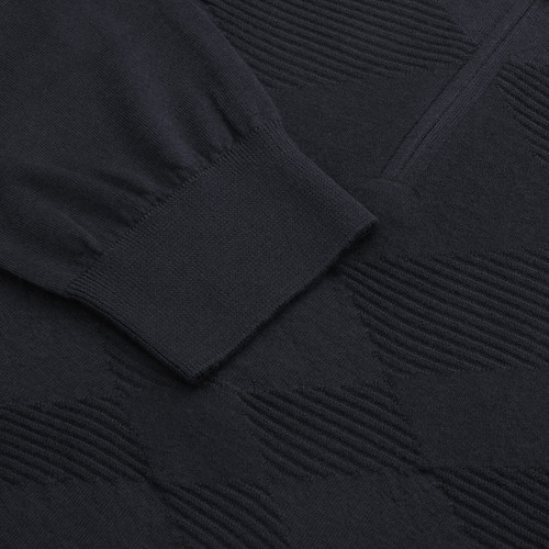 Dark blue zipped polo sweater, "Tartan" jacquard weave
