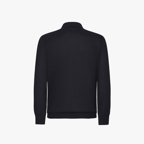 Dark blue zipped polo sweater, "Tartan" jacquard weave