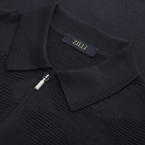 Dark blue zipped polo sweater, "Tartan" jacquard weave
