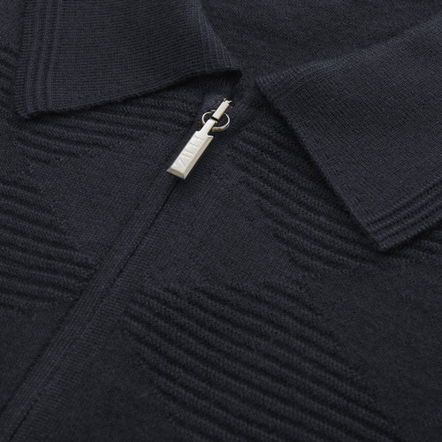Dark blue zipped polo sweater, "Tartan" jacquard weave