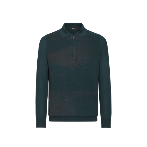 Dark green zipped polo sweater, "Shadows" jacquard weaving