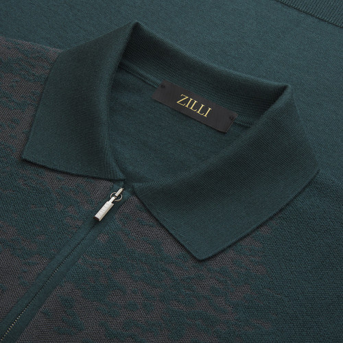 Dark green zipped polo sweater, "Shadows" jacquard weaving