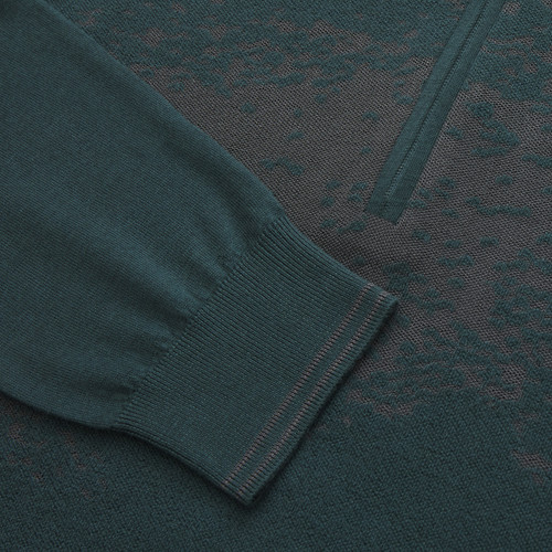 Dark green zipped polo sweater, "Shadows" jacquard weaving