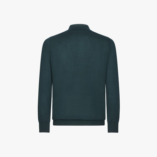 Dark green zipped polo sweater, "Shadows" jacquard weaving