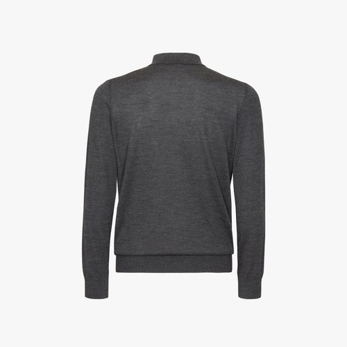 Dark charcoal buttoned polo shirt, "Radial Squares" jacquard