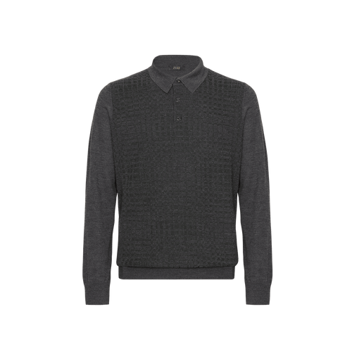 Dark charcoal buttoned polo shirt, "Radial Squares" jacquard